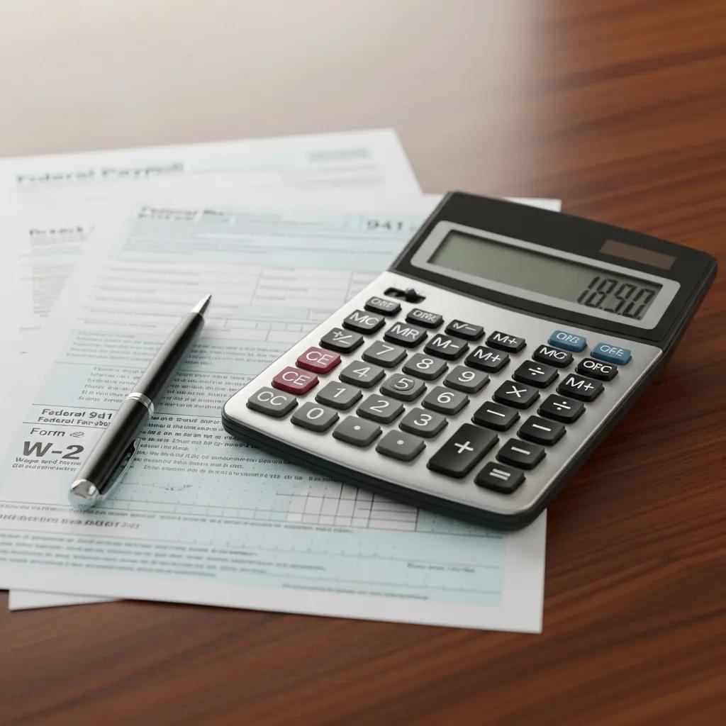 Calculator and payroll forms representing federal payroll tax obligations