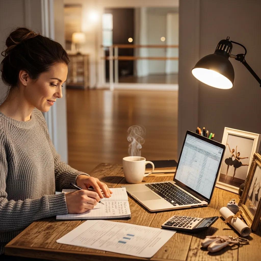 Studio owner reviewing finances at a desk — key accounting services for dance studios