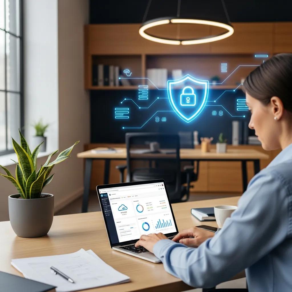 Person working on a laptop in a secure office environment, highlighting cloud accounting security