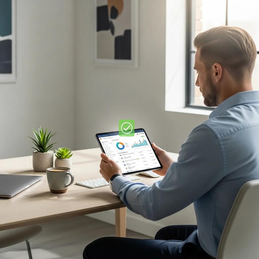 Hands using a tablet to automate invoices and expenses in a bright office, improving efficiency