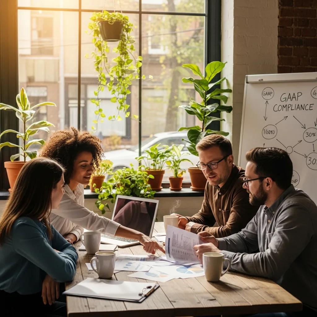Two small business owners reviewing financial reports together, demonstrating transparency and GAAP practices