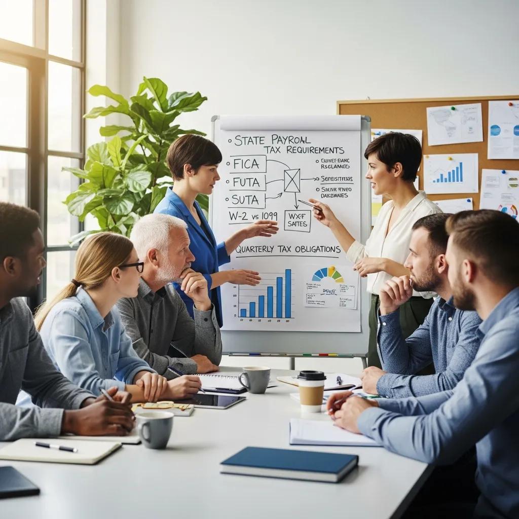 Business owners reviewing state payroll tax requirements