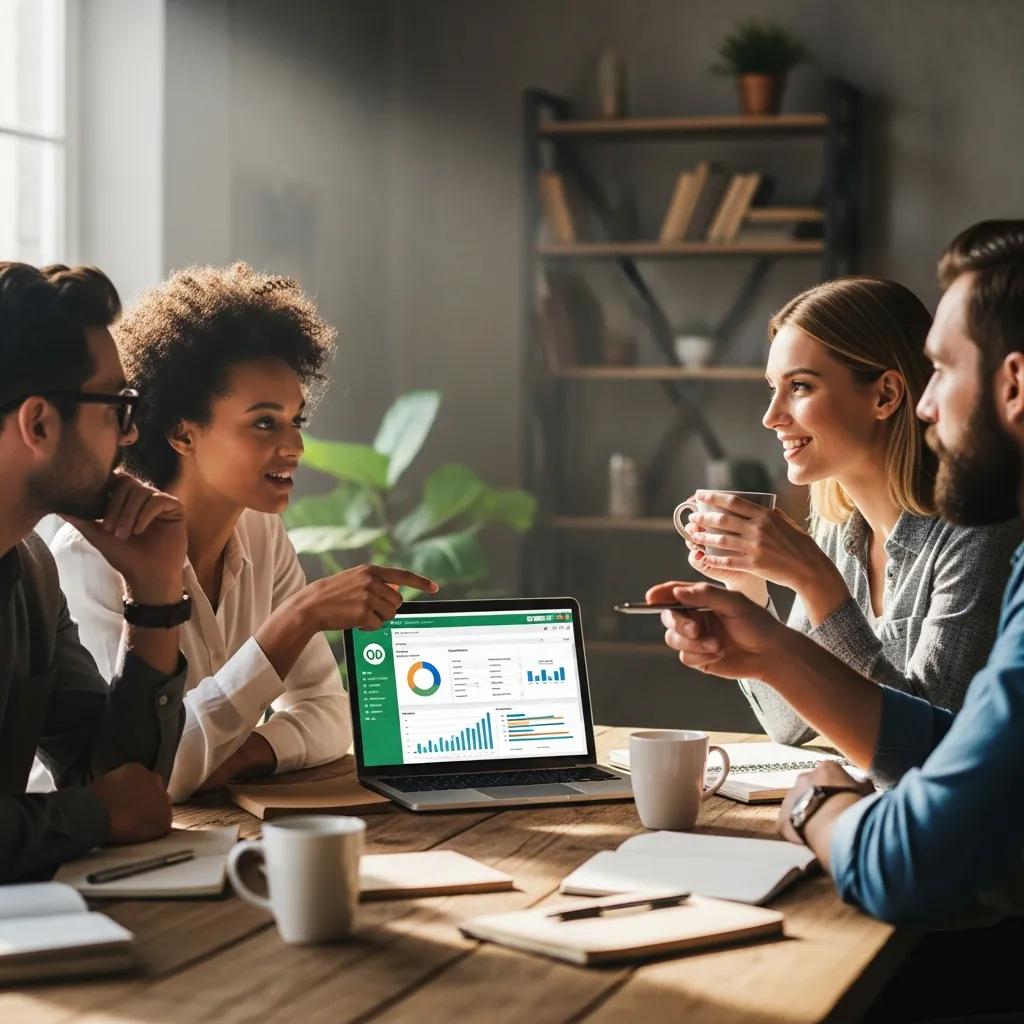 Team setting up QuickBooks together around a table